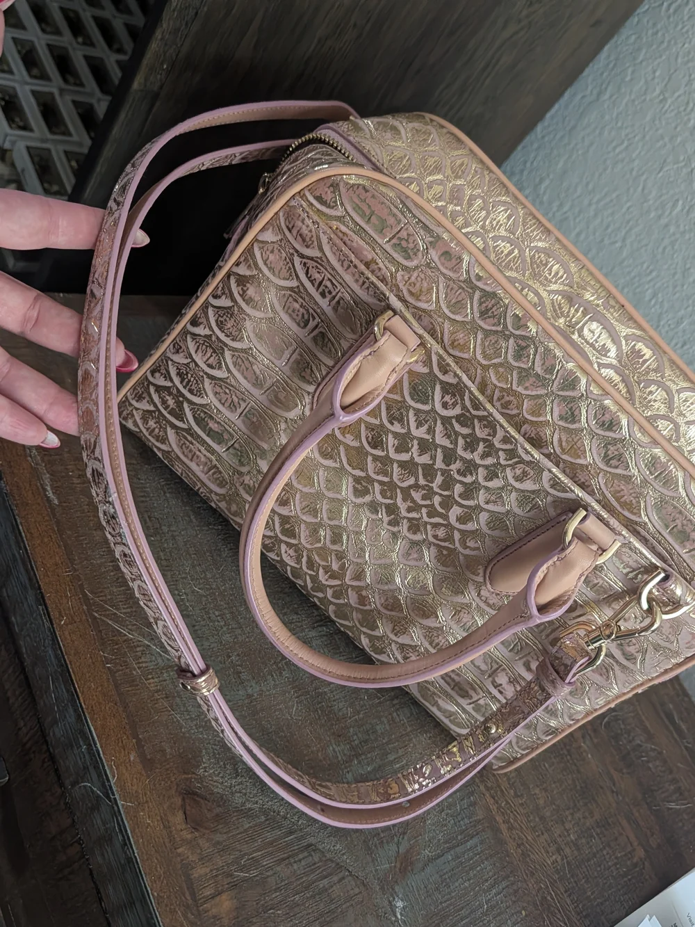 Brahmin Metallic Rose Gold Embossed Satchel